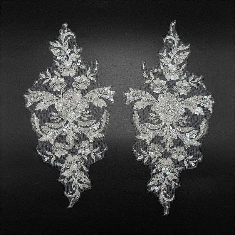 GCW-JY03-LD80640ZAP Beaded Ornate Floral Bodice Applique Pair for Bridal Wedding Dresses